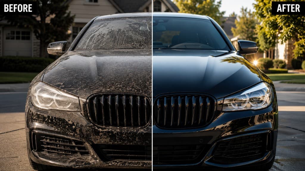 Before and after car detailing — dirty BMW vs gleaming result